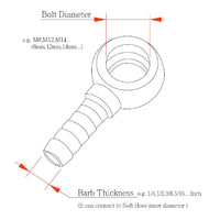 Made Of Steel Banjo Bolt with Barb Kit M14 14mm Banjo with 1/4"( 6.35mm) Barb