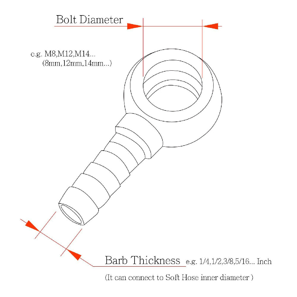 Turbo-Banjo-Kühlmitteladapter-Set M12 12 mm x 1,25 mm Steigung mit 5/16" (8 mm) Schlauchtülle