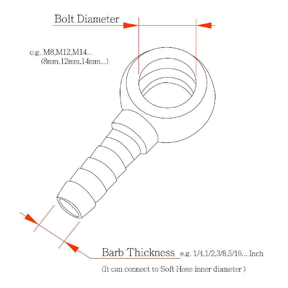 Aus Stahl gefertigt, 8 mm M8 x 1,0 mm Steigung auf 1/4" (6,35 mm) Gewindesteigung, metrischer Hohlschrauben-Schlauchbolzen mit Schlauchschellen-Set