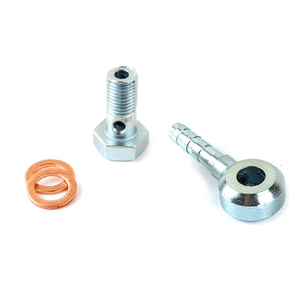 Aus Stahl gefertigt, 8 mm M8 x 1,0 mm Steigung auf 1/4" (6,35 mm) Gewindesteigung, metrischer Hohlschrauben-Schlauchbolzen mit Schlauchschellen-Set